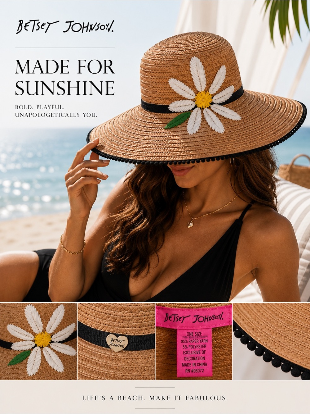 Betsey Johnson woven wide brim Straw Sun Hat with Daisy Accent sunhat